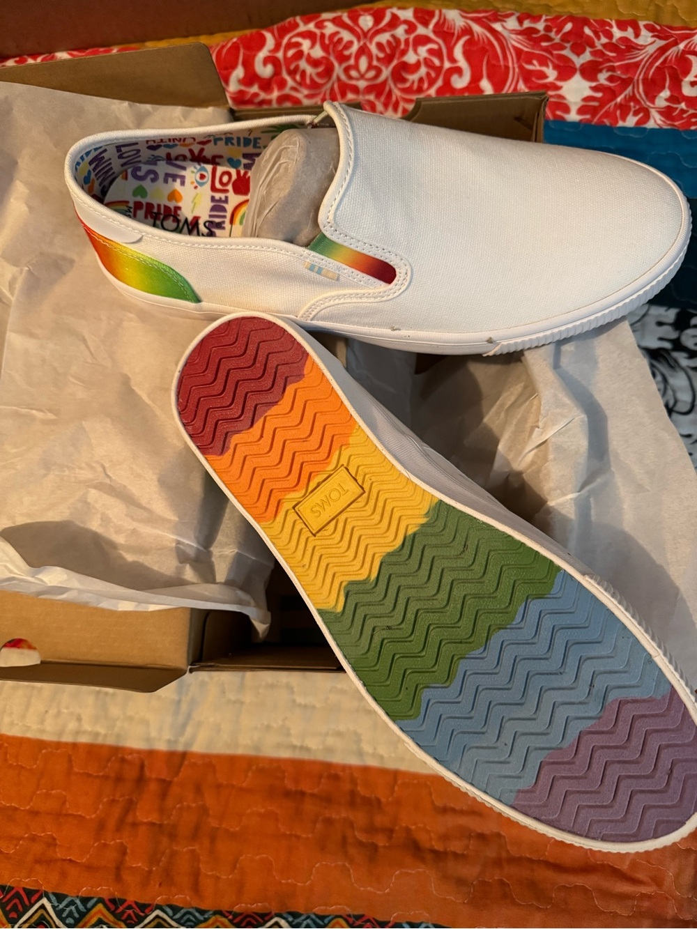 Toms White Slip-On Sneakers with Rainbow Sole and Heel Accent